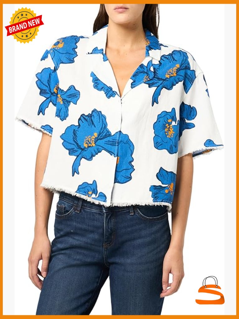 Cropped Short Sleeve Linen Button Down Shirt Distressed Details Blouse